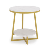 2 Tier Faux White Marble Side Table with with Golden Finish Storage Shelf - Decor Smart