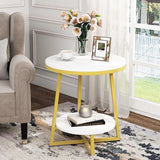 2 Tier Faux White Marble Side Table with with Golden Finish Storage Shelf - Decor Smart