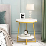 2 Tier Faux White Marble Side Table with with Golden Finish Storage Shelf - Decor Smart