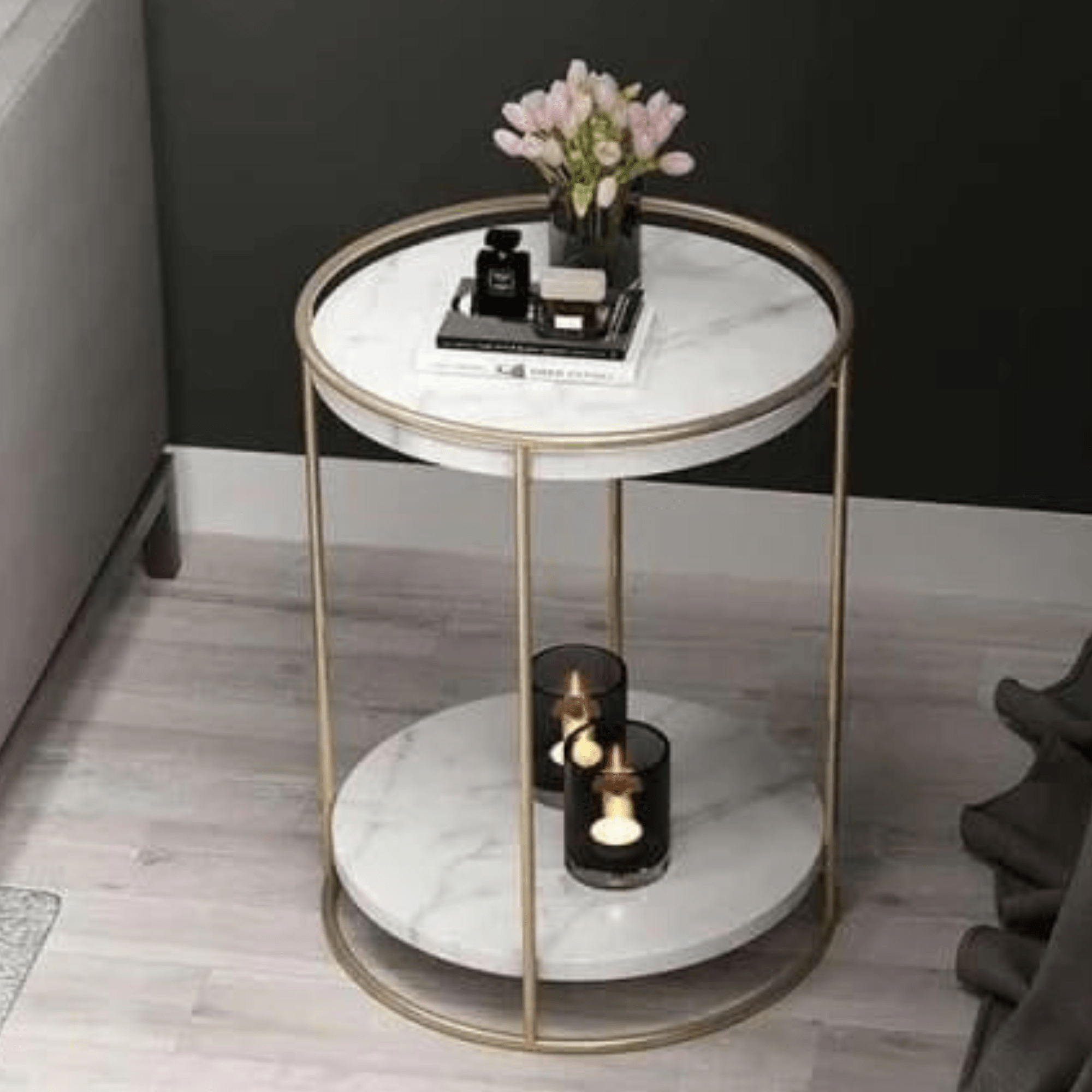 2 Tiered with Gold End Faux Marble Side Table - Decor Smart