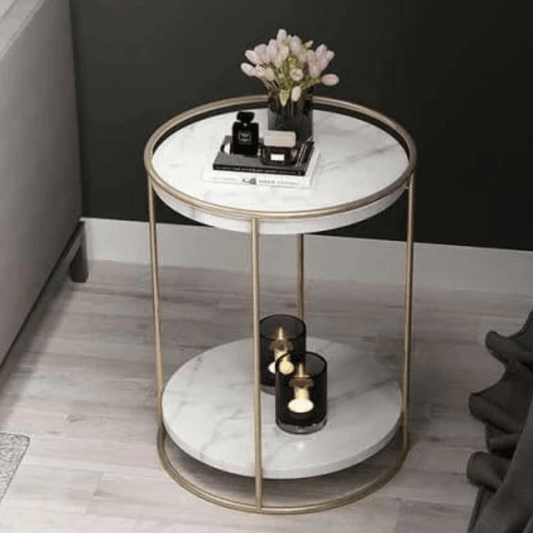 2 Tiered with Gold End Faux Marble Side Table - Decor Smart