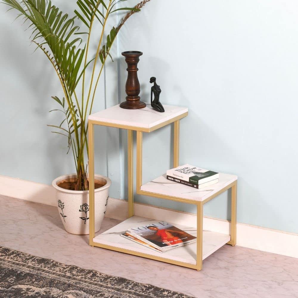 3 - Tier Modern Side Table with Storage Shelf with Golden Metal Finish - Decor Smart