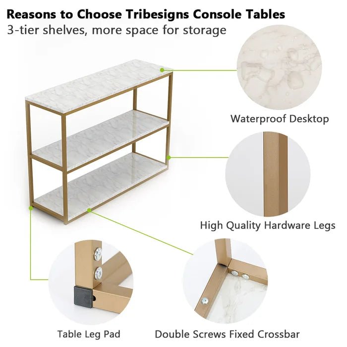 3 - Tier White Marble Console Table with Golden Finish - Decor Smart
