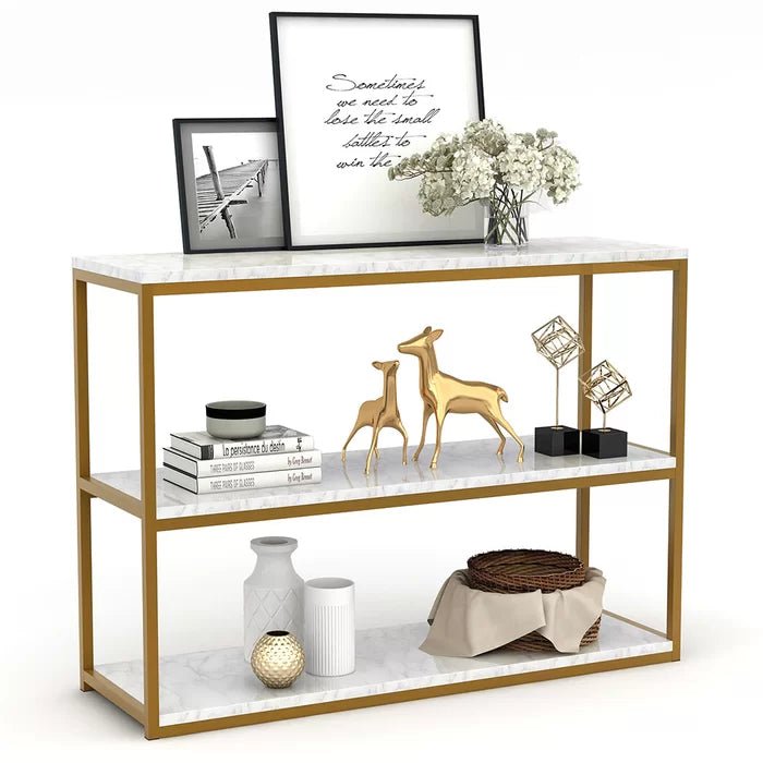 3 - Tier White Marble Console Table with Golden Finish - Decor Smart