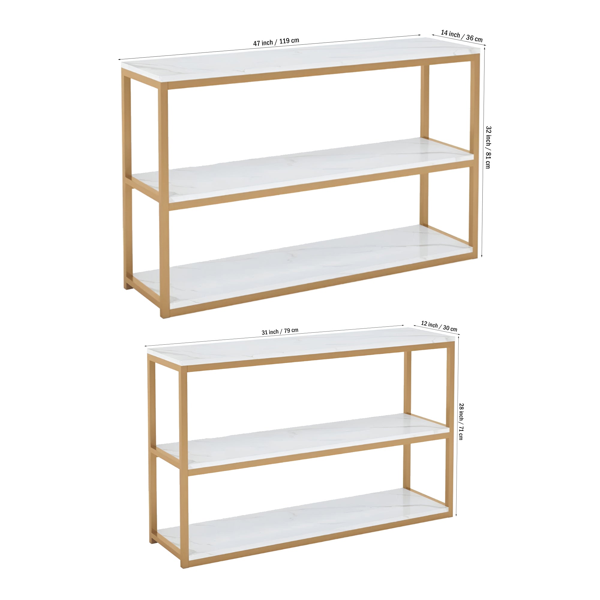 3 - Tier White Marble Console Table with Golden Finish - Decor Smart
