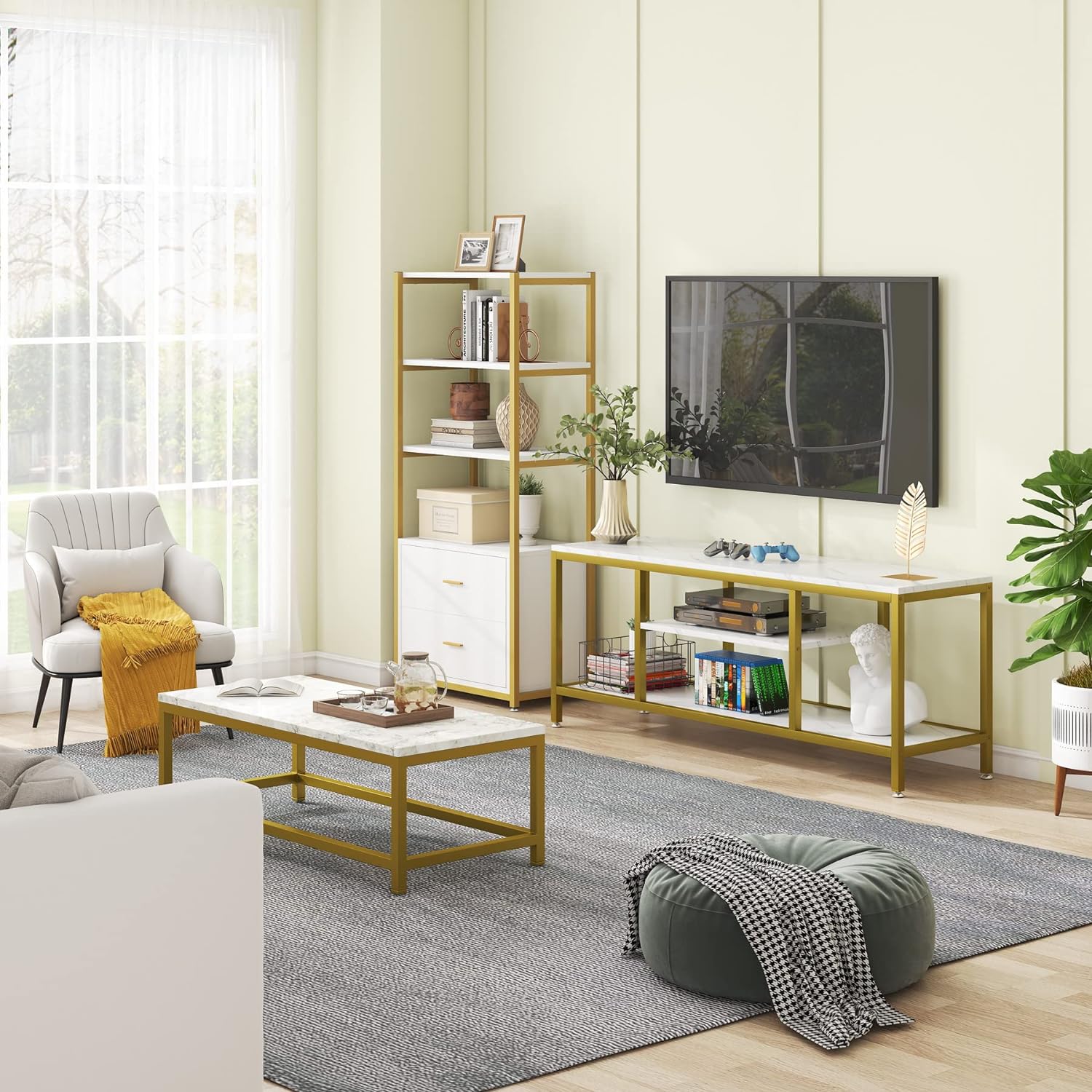 5 - Tier Rectangle White Marble Gold Entryway Console Table - Decor Smart