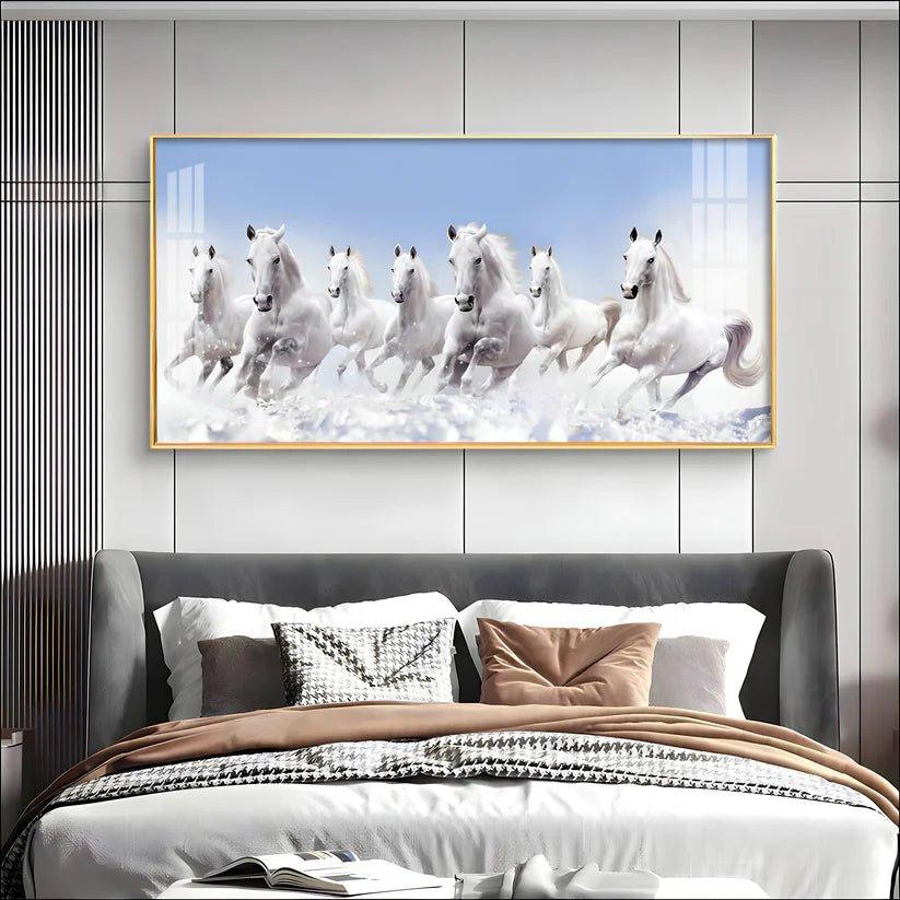 7 Running White Horses in The Sea Premium Acrylic Floating Wall Painting - Decor Smart