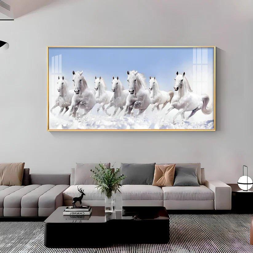 7 Running White Horses in The Sea Premium Acrylic Floating Wall Painting - Decor Smart
