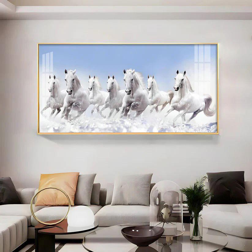 7 Running White Horses in The Sea Premium Acrylic Floating Wall Painting - Decor Smart