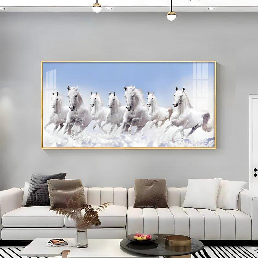 7 Running White Horses in The Sea Premium Acrylic Floating Wall Painting - Decor Smart