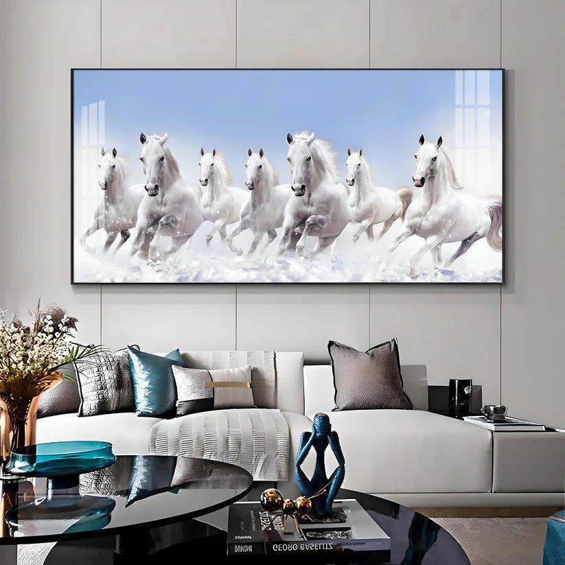 7 Running White Horses in The Sea Premium Acrylic Floating Wall Painting - Decor Smart