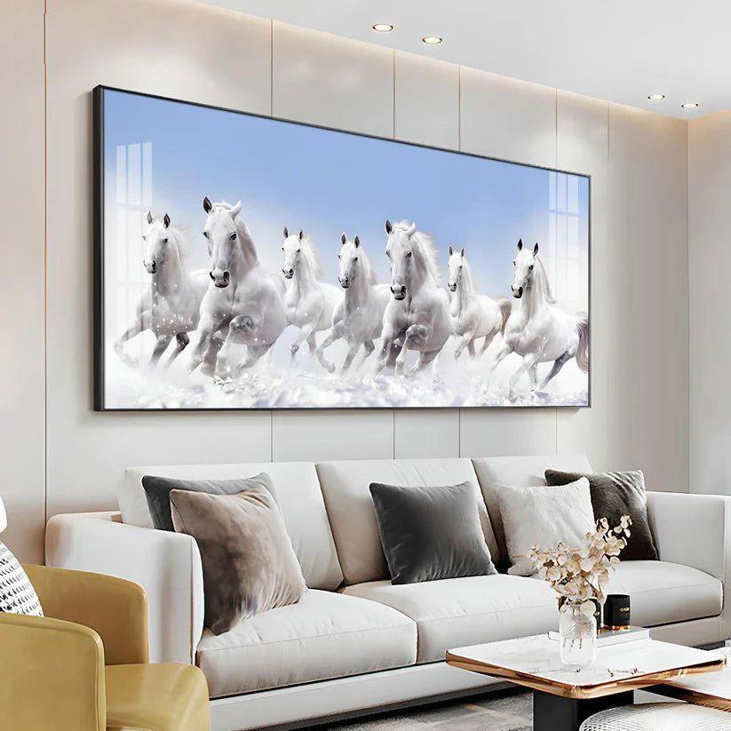 7 Running White Horses in The Sea Premium Acrylic Floating Wall Painting - Decor Smart