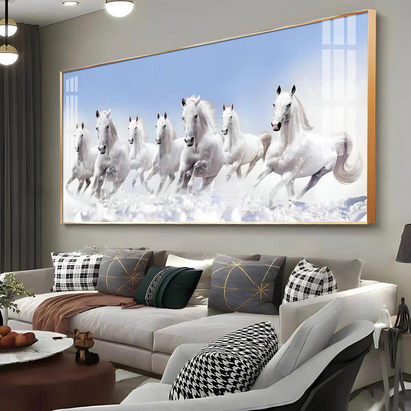 7 Running White Horses in The Sea Premium Acrylic Floating Wall Painting - Decor Smart