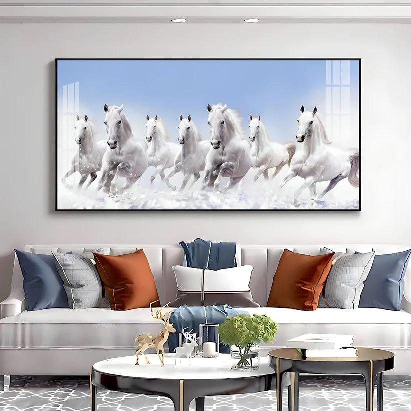 7 Running White Horses in The Sea Premium Acrylic Floating Wall Painting - Decor Smart