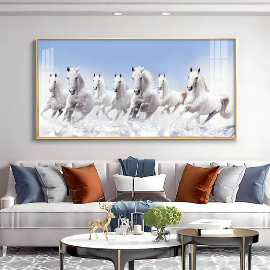 7 Running White Horses in The Sea Premium Acrylic Floating Wall Painting - Decor Smart