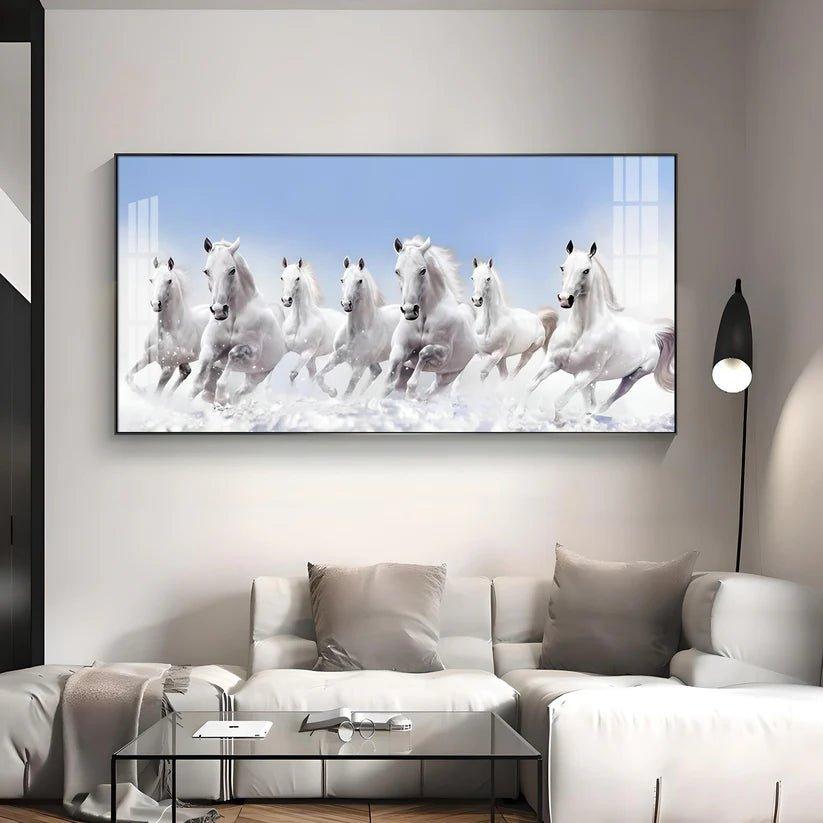 7 Running White Horses in The Sea Premium Acrylic Floating Wall Painting - Decor Smart