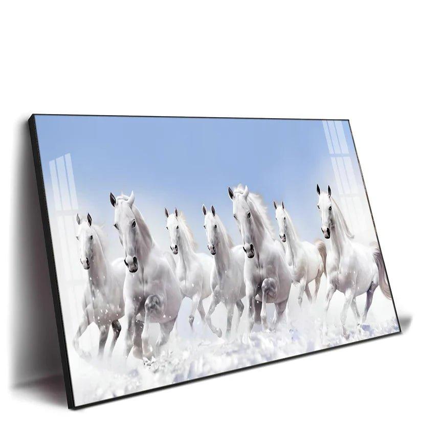 7 Running White Horses in The Sea Premium Acrylic Floating Wall Painting - Decor Smart