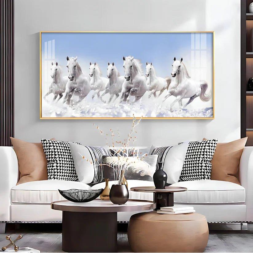 7 Running White Horses in The Sea Premium Acrylic Floating Wall Painting - Decor Smart