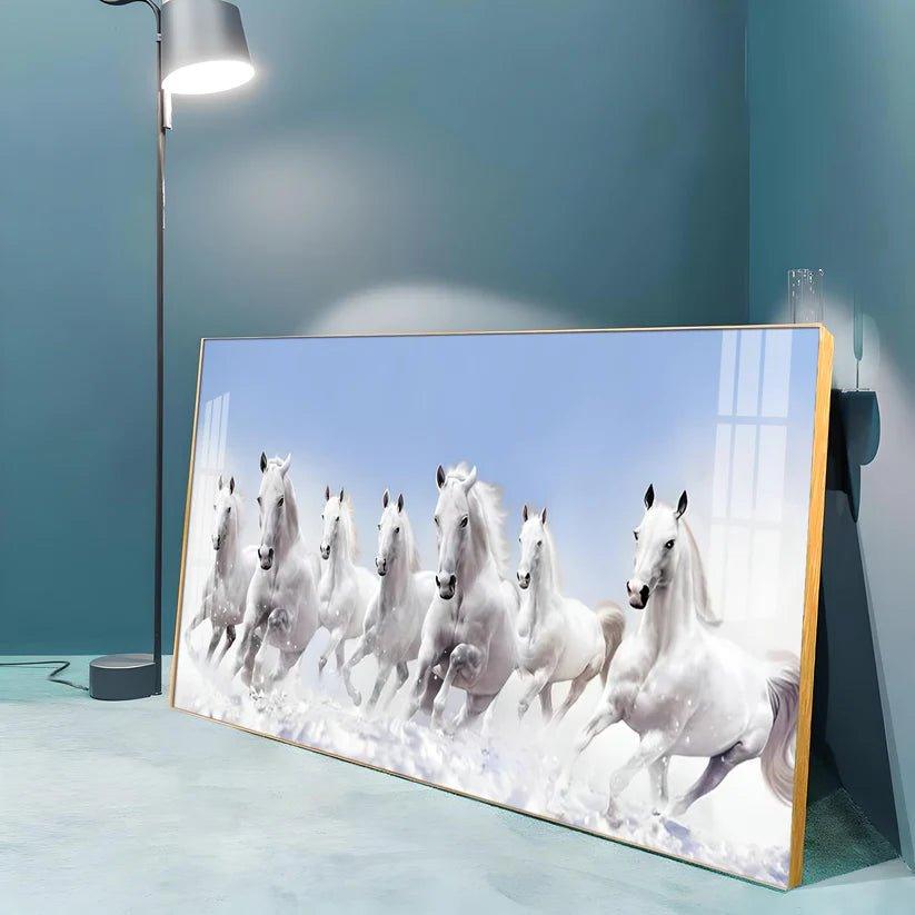 7 Running White Horses in The Sea Premium Acrylic Floating Wall Painting - Decor Smart