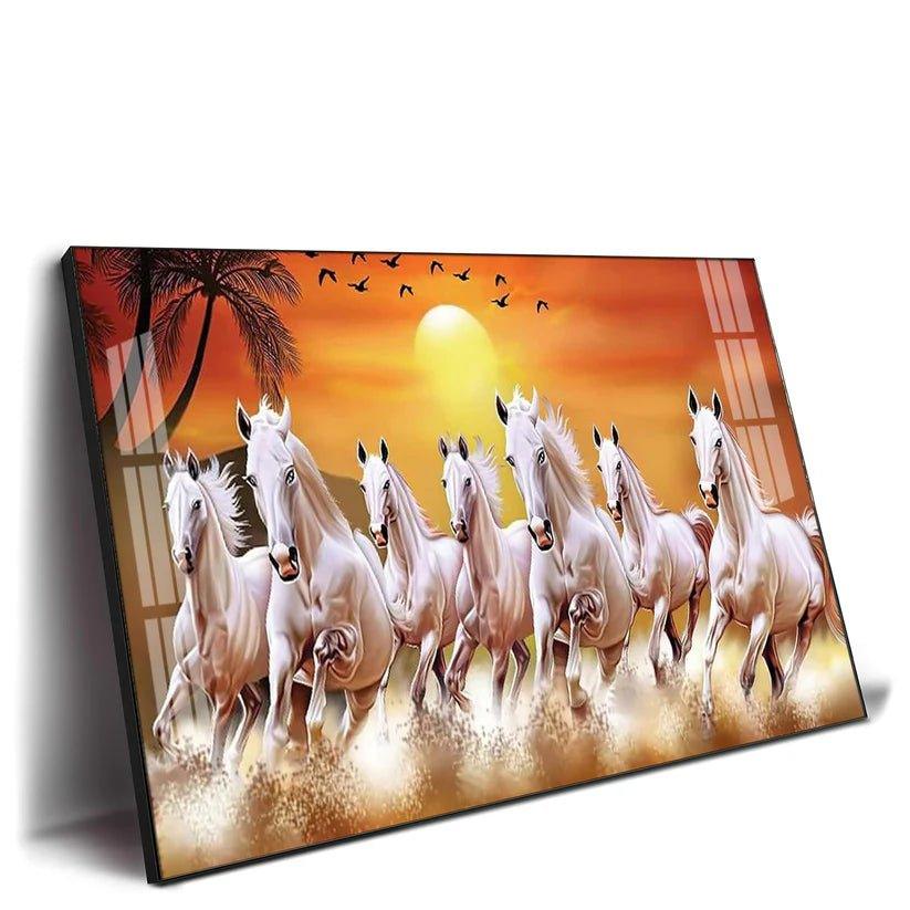 7 White Running Horses in The Sea With Sunrise Premium Acrylic Floating Wall Painting - Decor Smart