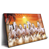 7 White Running Horses in The Sea With Sunrise Premium Acrylic Floating Wall Painting - Decor Smart