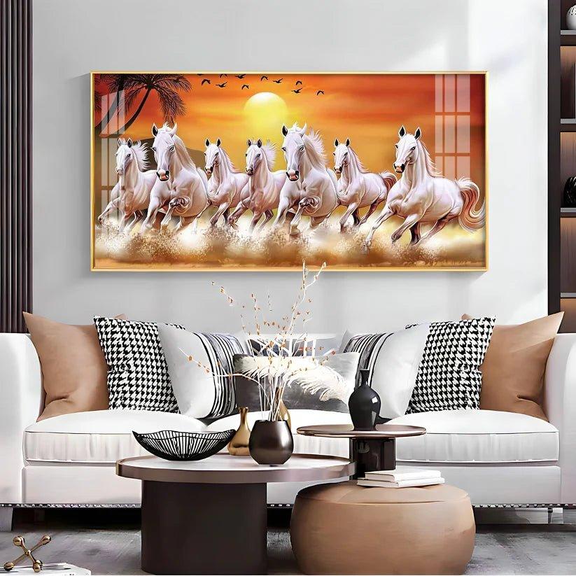7 White Running Horses in The Sea With Sunrise Premium Acrylic Floating Wall Painting - Decor Smart