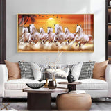 7 White Running Horses in The Sea With Sunrise Premium Acrylic Floating Wall Painting - Decor Smart