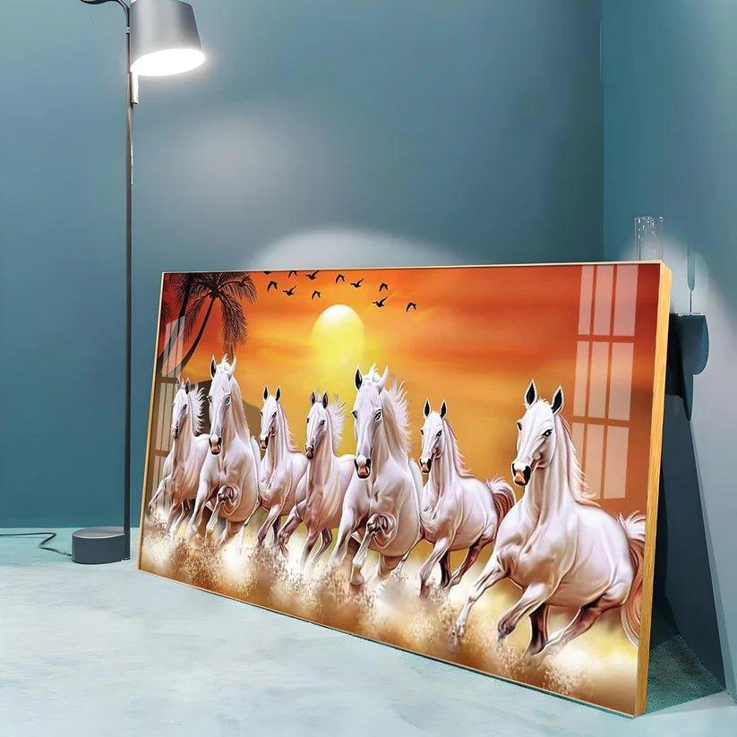 7 White Running Horses in The Sea With Sunrise Premium Acrylic Floating Wall Painting - Decor Smart