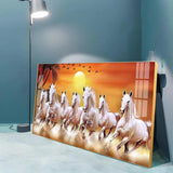 7 White Running Horses in The Sea With Sunrise Premium Acrylic Floating Wall Painting - Decor Smart