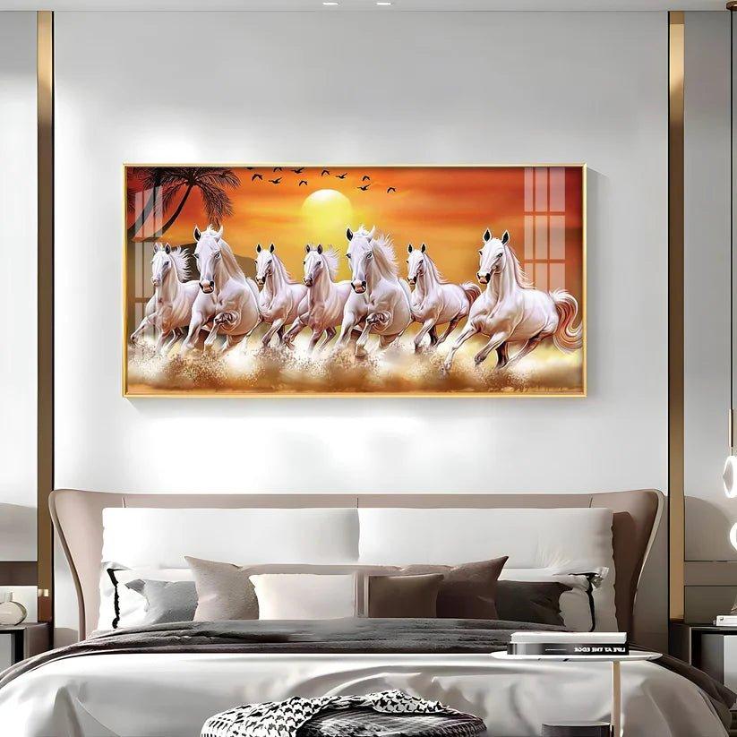 7 White Running Horses in The Sea With Sunrise Premium Acrylic Floating Wall Painting - Decor Smart