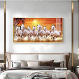 7 White Running Horses in The Sea With Sunrise Premium Acrylic Floating Wall Painting - Decor Smart