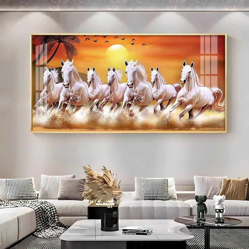 7 White Running Horses in The Sea With Sunrise Premium Acrylic Floating Wall Painting - Decor Smart