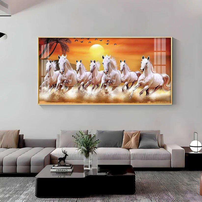 7 White Running Horses in The Sea With Sunrise Premium Acrylic Floating Wall Painting - Decor Smart