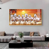 7 White Running Horses in The Sea With Sunrise Premium Acrylic Floating Wall Painting - Decor Smart