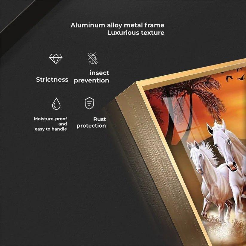 7 White Running Horses in The Sea With Sunrise Premium Acrylic Floating Wall Painting - Decor Smart