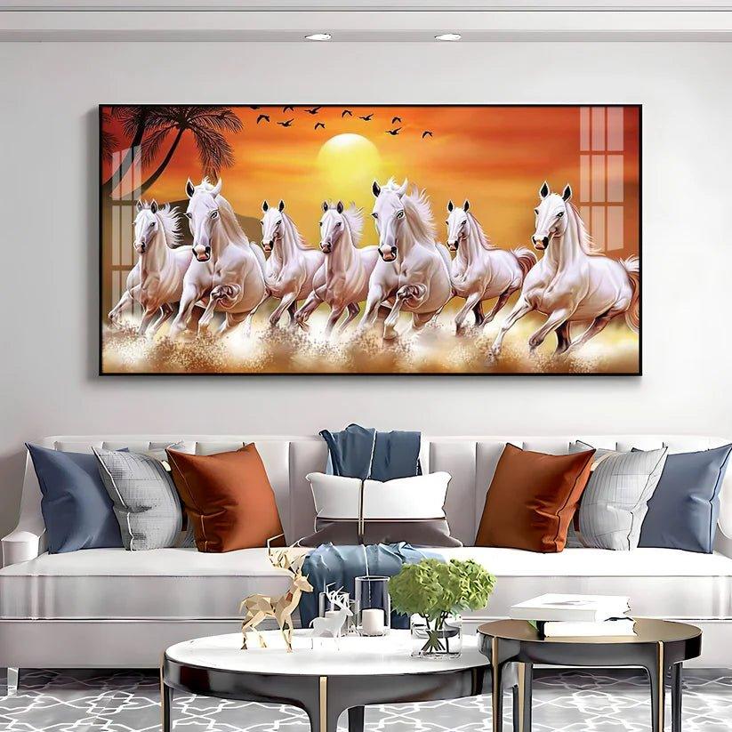 7 White Running Horses in The Sea With Sunrise Premium Acrylic Floating Wall Painting - Decor Smart