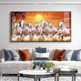 7 White Running Horses in The Sea With Sunrise Premium Acrylic Floating Wall Painting - Decor Smart
