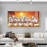 7 White Running Horses in The Sea With Sunrise Premium Acrylic Floating Wall Painting - Decor Smart