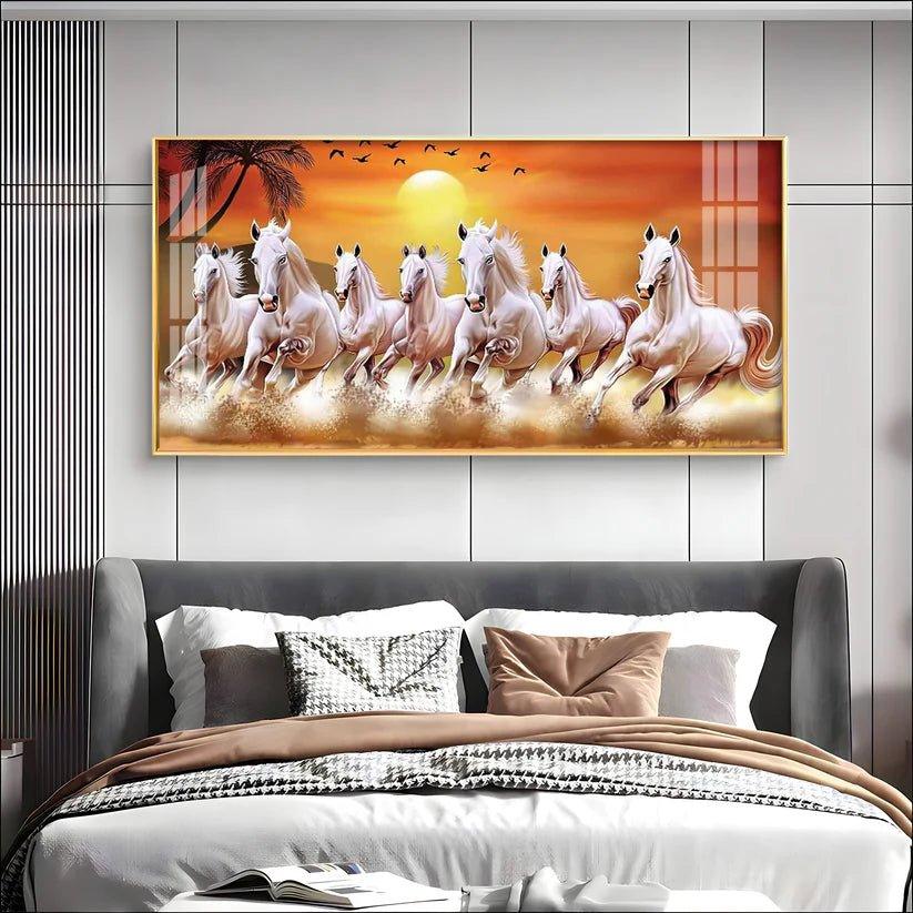 7 White Running Horses in The Sea With Sunrise Premium Acrylic Floating Wall Painting - Decor Smart