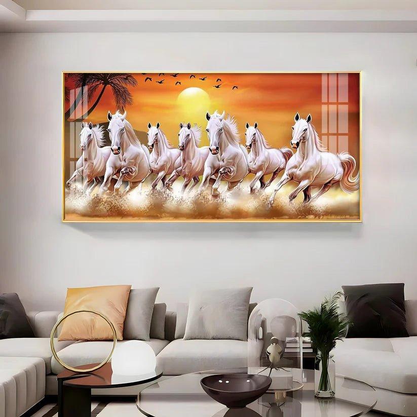 7 White Running Horses in The Sea With Sunrise Premium Acrylic Floating Wall Painting - Decor Smart