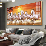 7 White Running Horses in The Sea With Sunrise Premium Acrylic Floating Wall Painting - Decor Smart