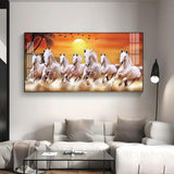 7 White Running Horses in The Sea With Sunrise Premium Acrylic Floating Wall Painting - Decor Smart