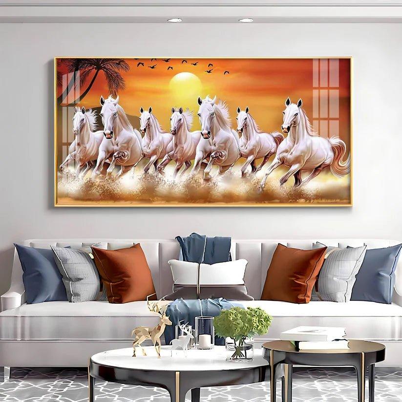 7 White Running Horses in The Sea With Sunrise Premium Acrylic Floating Wall Painting - Decor Smart