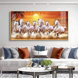 7 White Running Horses in The Sea With Sunrise Premium Acrylic Floating Wall Painting - Decor Smart