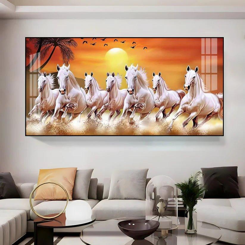 7 White Running Horses in The Sea With Sunrise Premium Acrylic Floating Wall Painting - Decor Smart