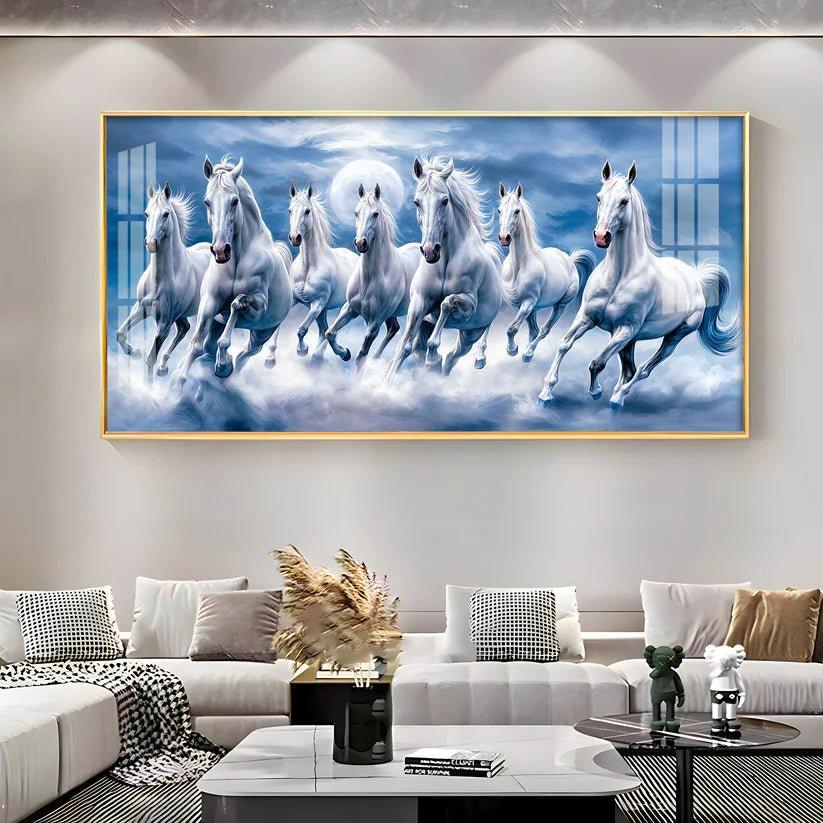 7 White Running Horses With Sunrise Premium Acrylic Floating Wall Painting - Decor Smart