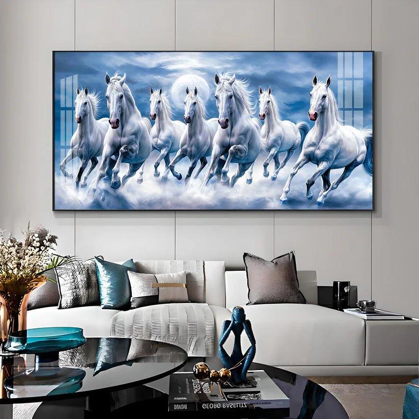 7 White Running Horses With Sunrise Premium Acrylic Floating Wall Painting - Decor Smart