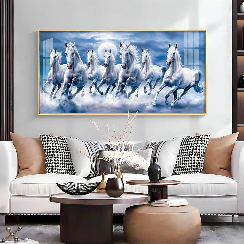 7 White Running Horses With Sunrise Premium Acrylic Floating Wall Painting - Decor Smart