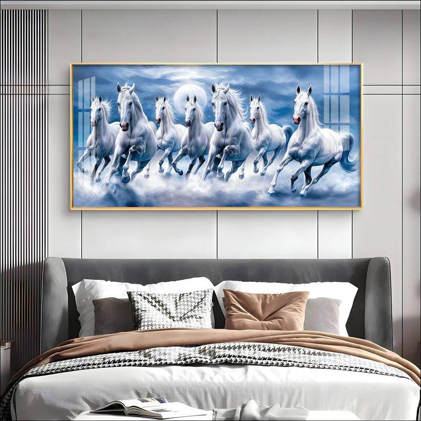 7 White Running Horses With Sunrise Premium Acrylic Floating Wall Painting - Decor Smart