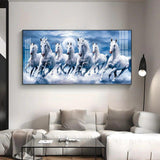 7 White Running Horses With Sunrise Premium Acrylic Floating Wall Painting - Decor Smart